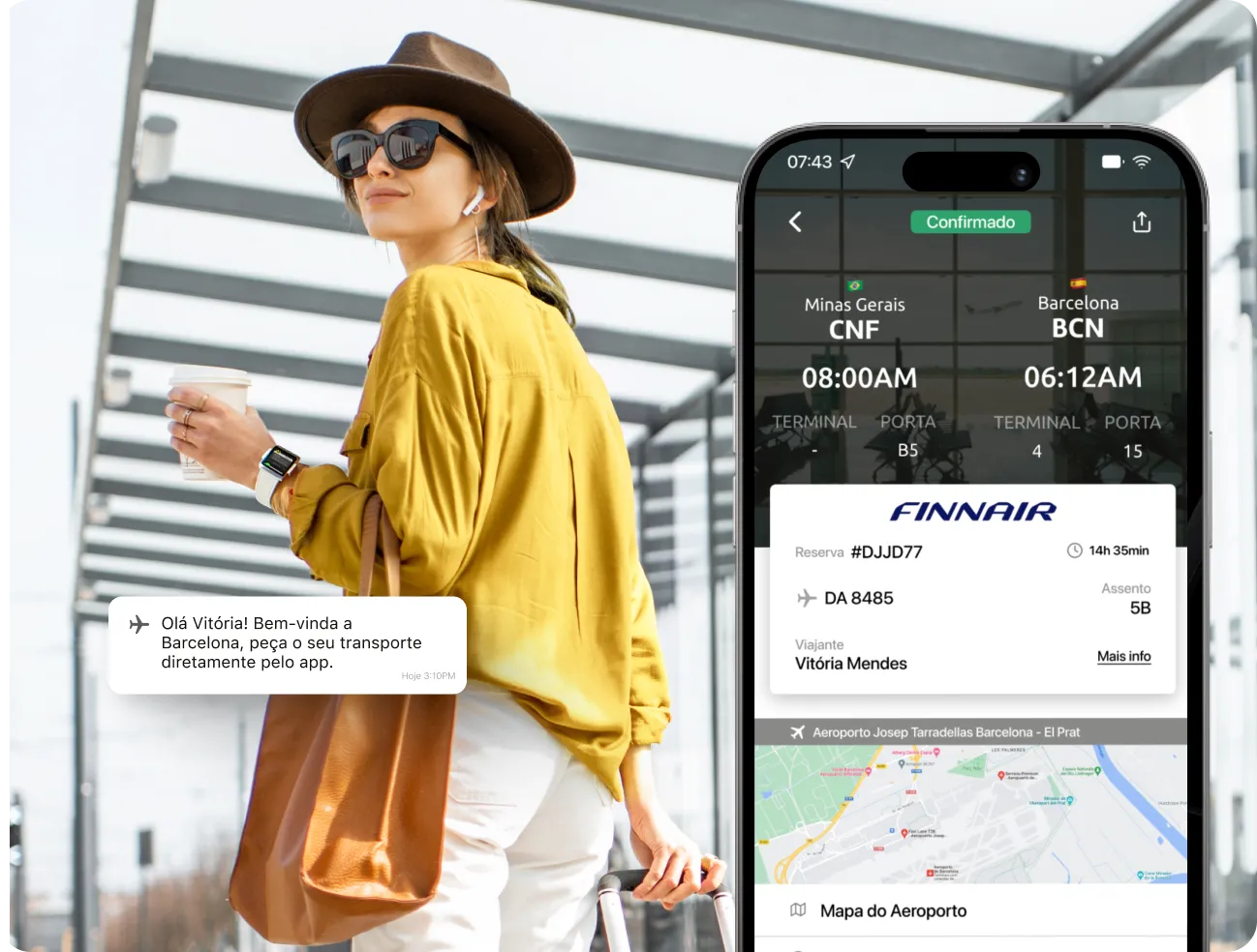 App OQMSV em uso durante viagem, mostrando detalhes do voo e roteiro